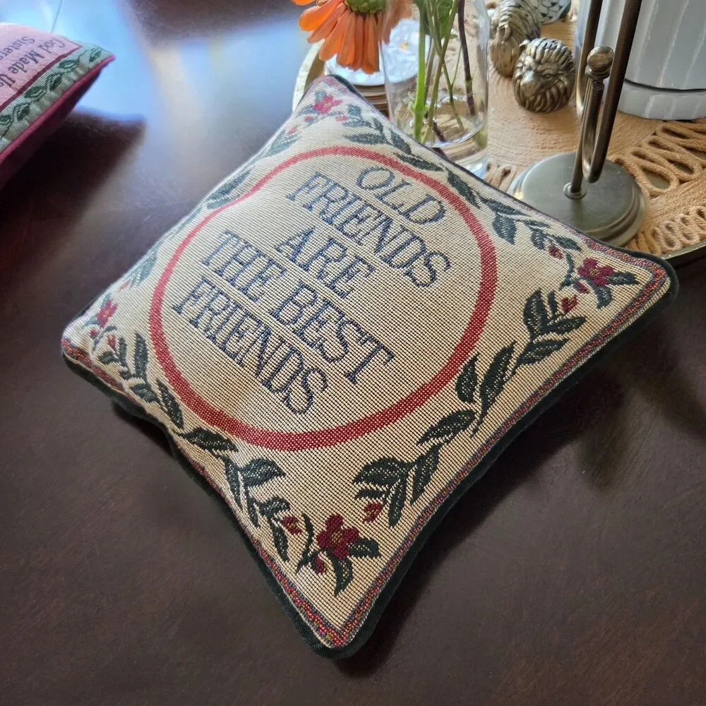 Vtg Needlepoint Tapestry Accent Throw Pillow Friendship BFF Granny Cottage 10x12
